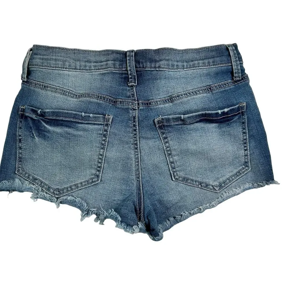 Mudd Jean Shorts 5 High Rise Shortie Floral Embroidered Frayed Raw Hem Stretch - Picture 5 of 13